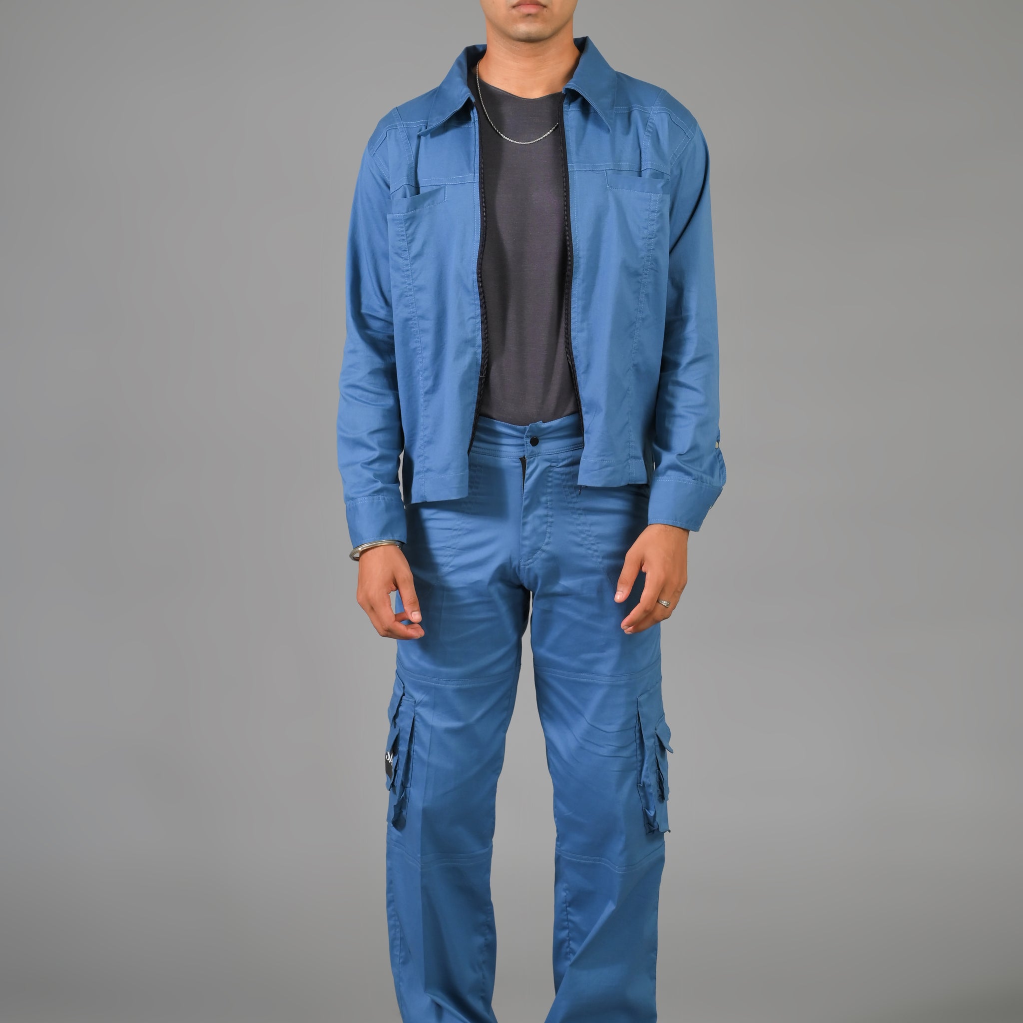 Water Blue Jacket with Blue Thin Cargo Co-ord Set